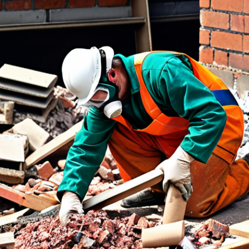 Home 4 ** A worker in protective gear (gloves, respirator, goggles, and overalls) manually sorting construction waste, including bricks and possibly asbestos-containing materials. The scene should emphasize the importance of safety procedures and proper waste classification, with potentially hazardous items clearly visible.
**