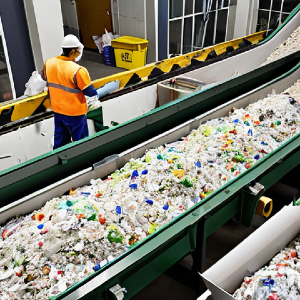 **

A bustling waste sorting facility. Conveyor belts move various types of waste (plastic, paper, glass, metal). Workers in protective gear are sorting the materials. Bins for separate collection are clearly marked. Emphasis on the concept of recycling valuable resources.

**