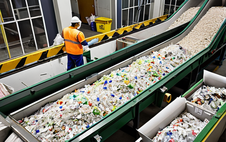 **
A bustling waste sorting facility. Conveyor belts move various types of waste (plastic, paper, glass, metal). Workers in protective gear are sorting the materials. Bins for separate collection are clearly marked. Emphasis on the concept of recycling valuable resources.
**