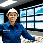 A professional environmental engineer, fully clothed in a modest, modern work uniform, stands confidently in the control room of a state-of-the-art waste processing complex in Russia. Large digital screens in the background display data visualizations of waste sorting and energy conversion processes. The setting emphasizes technological innovation and efficiency. The image is a professional photograph, highly detailed, with perfect anatomy, correct proportions, natural pose, well-formed hands, proper finger count, safe for work, appropriate content, professional dress, family-friendly.