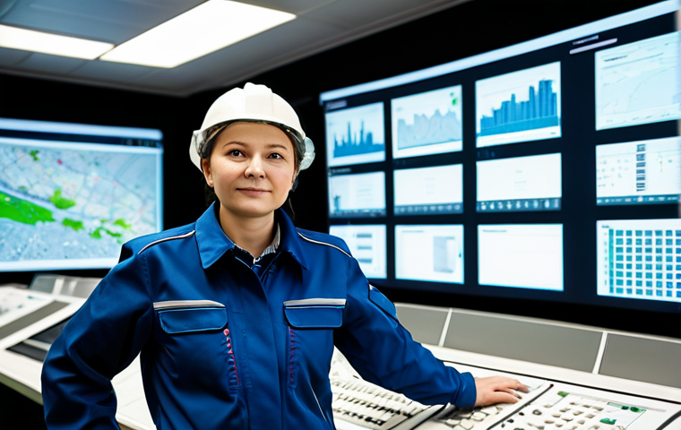 A professional environmental engineer, fully clothed in a modest, modern work uniform, stands confidently in the control room of a state-of-the-art waste processing complex in Russia. Large digital screens in the background display data visualizations of waste sorting and energy conversion processes. The setting emphasizes technological innovation and efficiency. The image is a professional photograph, highly detailed, with perfect anatomy, correct proportions, natural pose, well-formed hands, proper finger count, safe for work, appropriate content, professional dress, family-friendly.