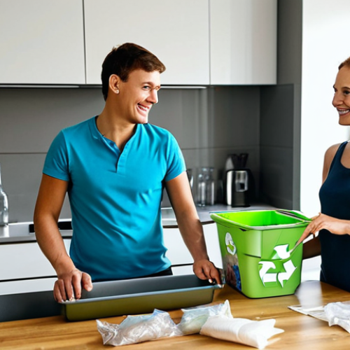Home 19 **
A modern Russian family sorting their household waste in their apartment kitchen. Clearly labeled bins for plastic, glass, paper, and organic waste are visible. The family is smiling and engaged in the task. The kitchen is clean and well-lit. Focus on promoting responsible recycling habits. fully clothed, safe for work, appropriate content, professional, perfect anatomy, natural proportions, high quality.
**