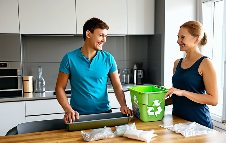 **
A modern Russian family sorting their household waste in their apartment kitchen. Clearly labeled bins for plastic, glass, paper, and organic waste are visible. The family is smiling and engaged in the task. The kitchen is clean and well-lit. Focus on promoting responsible recycling habits. fully clothed, safe for work, appropriate content, professional, perfect anatomy, natural proportions, high quality.
**