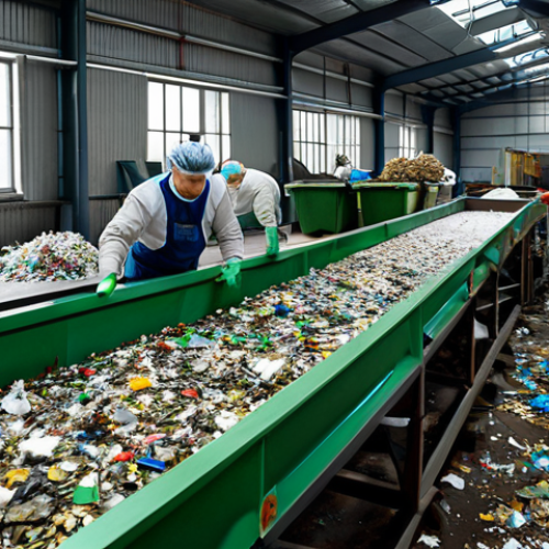 Home 18 **
"A busy waste sorting facility in Russia, showing workers in appropriate attire sorting mixed waste on a conveyor belt, fully clothed, safe for work, professional environment. Include details of recycling bins for plastic, paper, and metal. Focus on the organized chaos of the scene. perfect anatomy, natural proportions, high resolution, realistic."
**