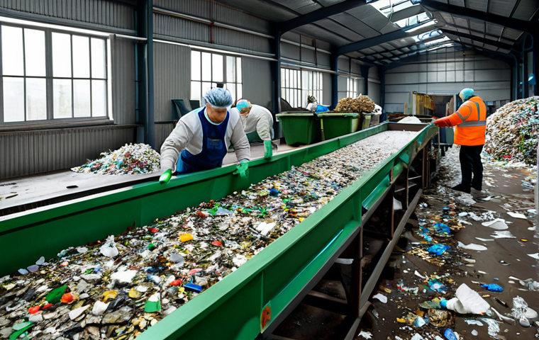 **
"A busy waste sorting facility in Russia, showing workers in appropriate attire sorting mixed waste on a conveyor belt, fully clothed, safe for work, professional environment. Include details of recycling bins for plastic, paper, and metal. Focus on the organized chaos of the scene. perfect anatomy, natural proportions, high resolution, realistic."
**