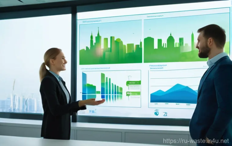 폐기물처리기사 독학으로 합격하기 - A professional female waste management engineer, in her mid-30s, dressed in a clean, branded work un...