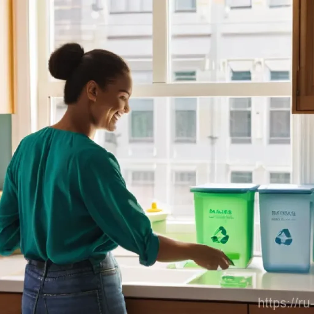 폐기물처리 초보자를 위한 가이드 - A brightly lit, organized kitchen featuring a smiling woman, casually dressed in modest clothing, de...