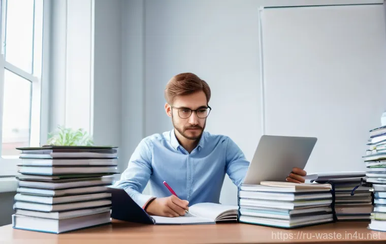 폐기물처리 자격증 실무 시험 난이도 - **Prompt:** A focused young professional, perhaps in their late 20s or early 30s, diligently reviewi...