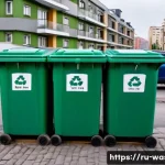 폐기물처리 프로세스 이해하기 - A modern Russian urban scene showing residents responsibly separating waste into color-coded recycli...