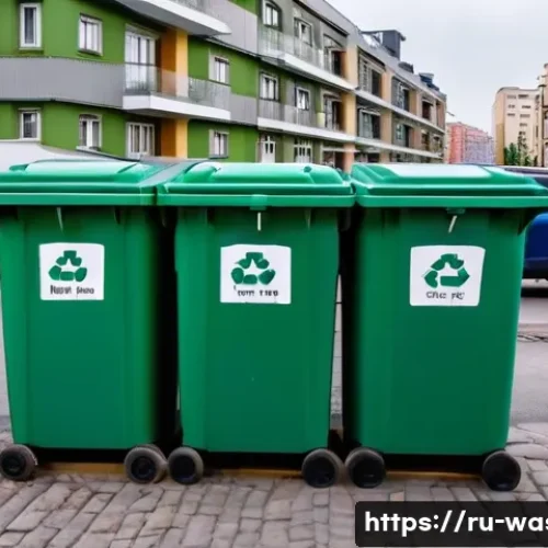 폐기물처리 프로세스 이해하기 - A modern Russian urban scene showing residents responsibly separating waste into color-coded recycli...