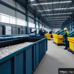 Home 20 폐기물처리 공정 프로세스 단계별 분석 - A modern Russian recycling facility interior with advanced automated sorting machines including opti...