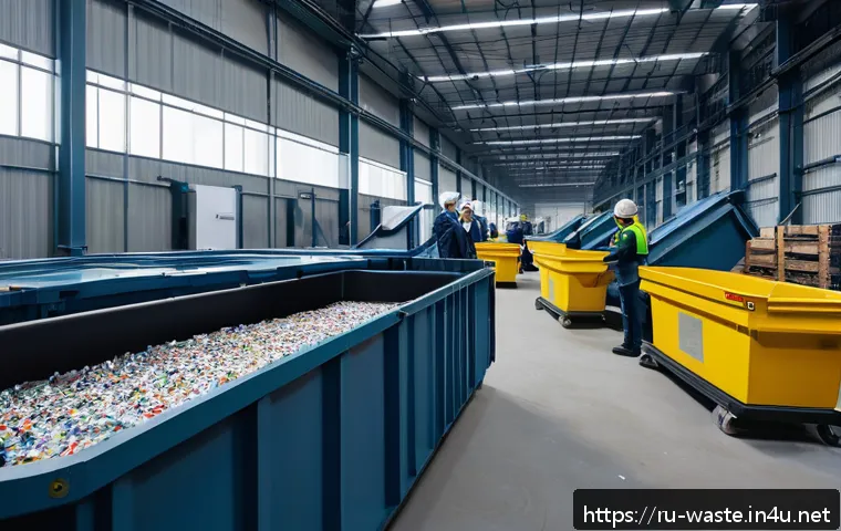 폐기물처리 공정 프로세스 단계별 분석 - A modern Russian recycling facility interior with advanced automated sorting machines including opti...