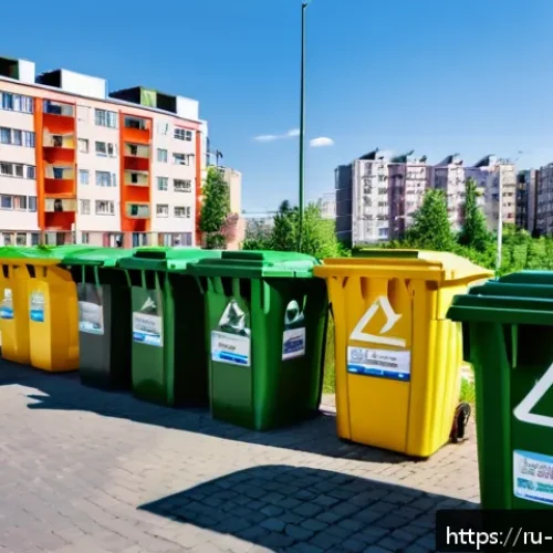 Home 31 폐기물처리 실습과 현장 체험기 - A vibrant residential neighborhood in Russia featuring clearly marked, color-coded waste sorting bin...