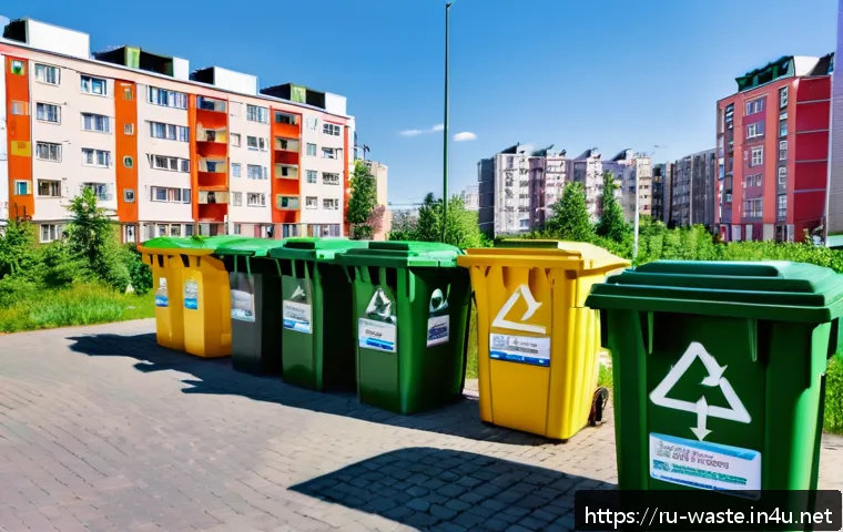 폐기물처리 실습과 현장 체험기 - A vibrant residential neighborhood in Russia featuring clearly marked, color-coded waste sorting bin...