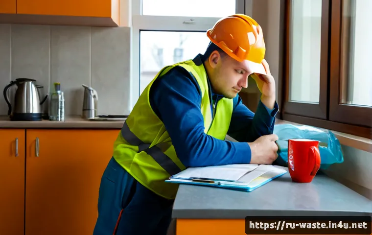 Home 17 폐기물처리 기사 자격증 시험 후 일상 - Photorealistic Russian waste management technician relaxing at a tidy apartment kitchen after a cert...