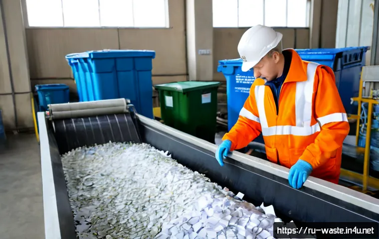 폐기물처리 환경공학 개념 쉽게 이해하기 - Photorealistic environmental engineering learning scene at a modern Russian municipal waste sorting ...
